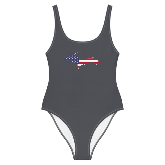 Michigan Upper Peninsula One-Piece Swimsuit (w/ UP USA Flag) | Iron Ore Grey