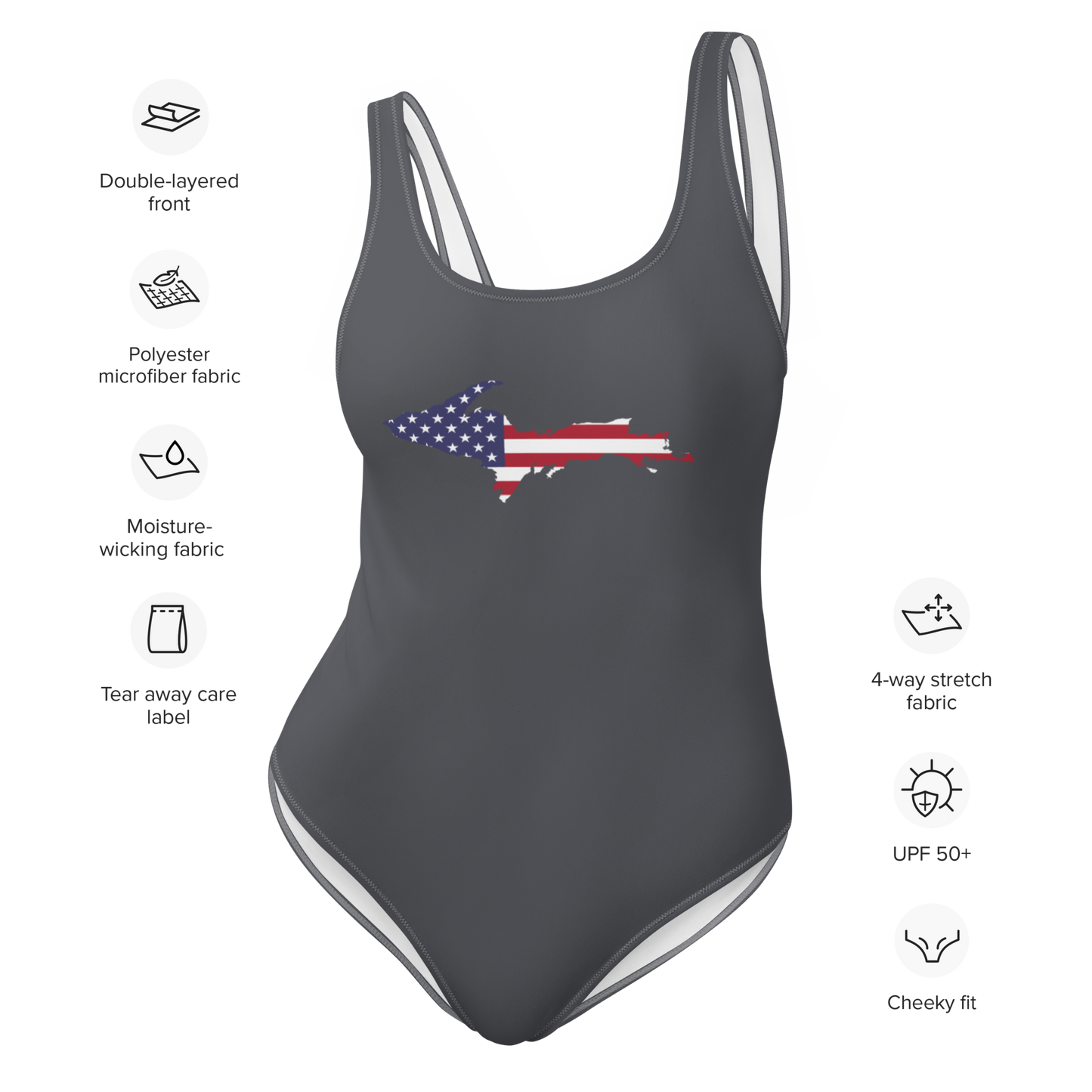 Michigan Upper Peninsula One-Piece Swimsuit (w/ UP USA Flag) | Iron Ore Grey