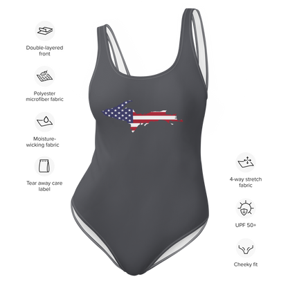 Michigan Upper Peninsula One-Piece Swimsuit (w/ UP USA Flag) | Iron Ore Grey