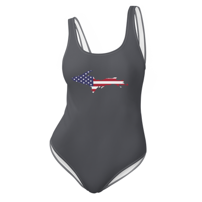 Michigan Upper Peninsula One-Piece Swimsuit (w/ UP USA Flag) | Iron Ore Grey