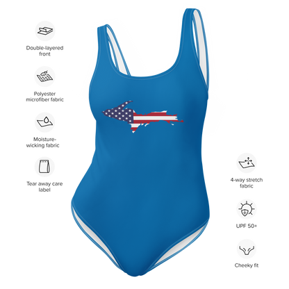 Michigan Upper Peninsula One-Piece Swimsuit (w/ UP USA Flag) | Azure