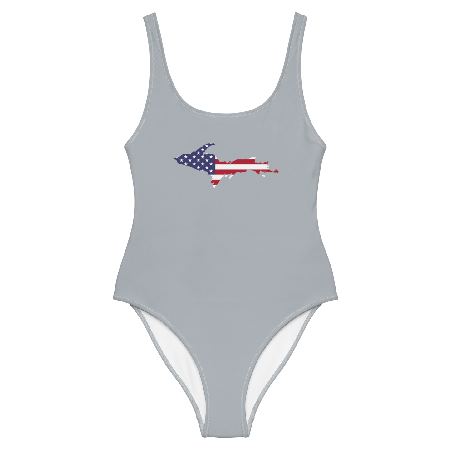 Michigan Upper Peninsula One-Piece Swimsuit (w/ UP USA Flag) | Silver