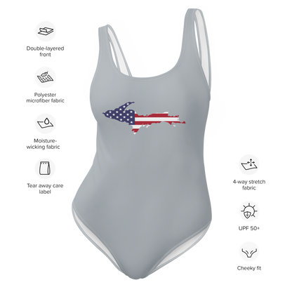 Michigan Upper Peninsula One-Piece Swimsuit (w/ UP USA Flag) | Silver