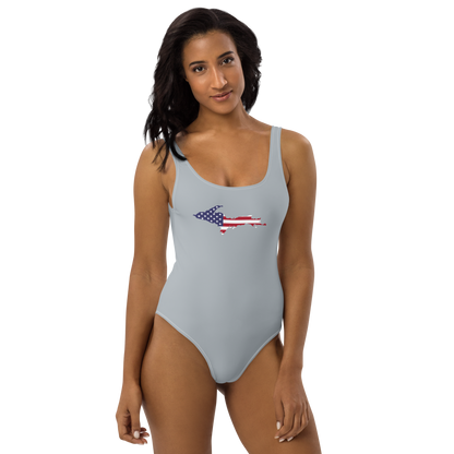 Michigan Upper Peninsula One-Piece Swimsuit (w/ UP USA Flag) | Silver