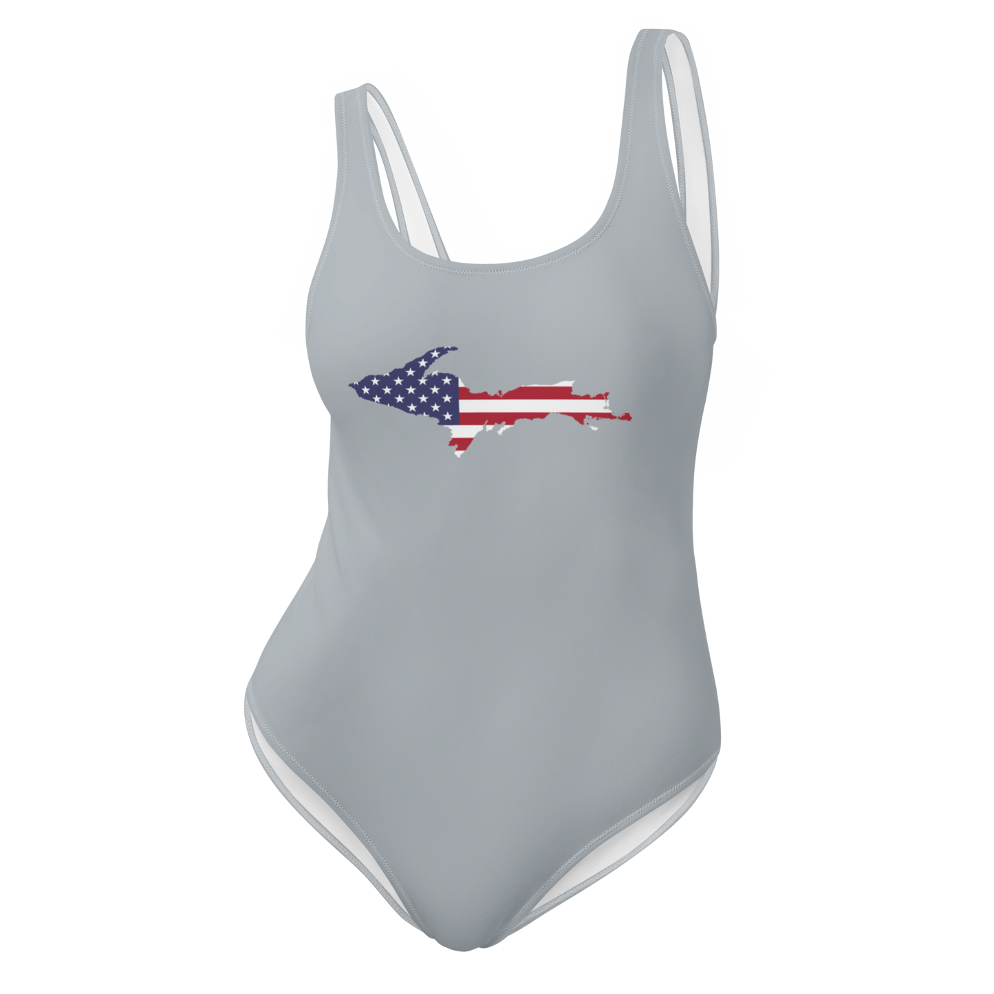 Michigan Upper Peninsula One-Piece Swimsuit (w/ UP USA Flag) | Silver