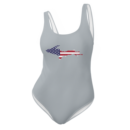 Michigan Upper Peninsula One-Piece Swimsuit (w/ UP USA Flag) | Silver