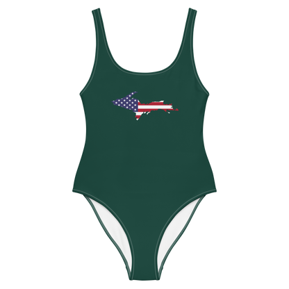 Michigan Upper Peninsula One-Piece Swimsuit (w/ UP USA Flag) | Laconic Green