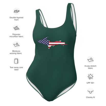 Michigan Upper Peninsula One-Piece Swimsuit (w/ UP USA Flag) | Laconic Green