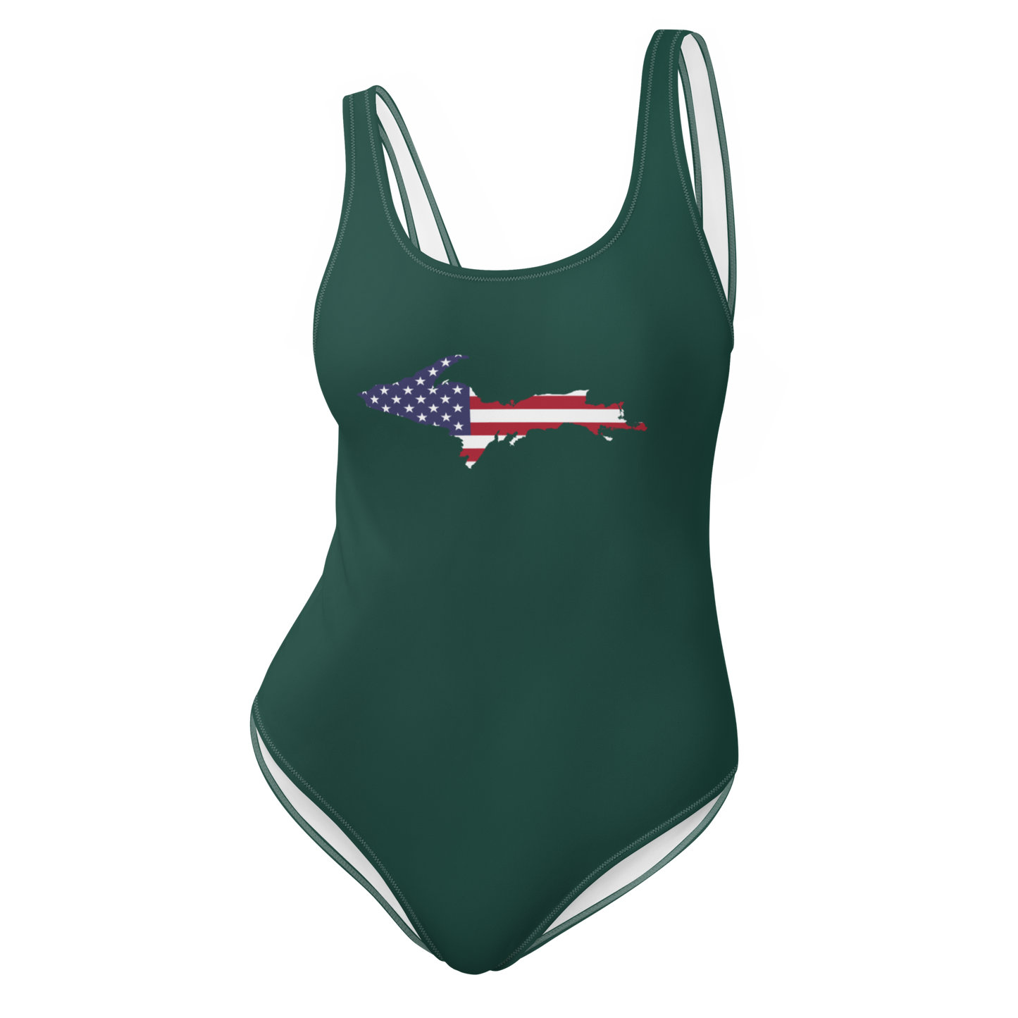 Michigan Upper Peninsula One-Piece Swimsuit (w/ UP USA Flag) | Laconic Green