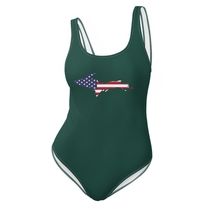 Michigan Upper Peninsula One-Piece Swimsuit (w/ UP USA Flag) | Laconic Green