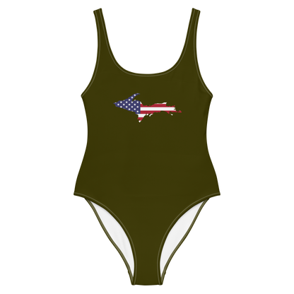 Michigan Upper Peninsula One-Piece Swimsuit (w/ UP USA Flag) | Military Green