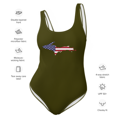 Michigan Upper Peninsula One-Piece Swimsuit (w/ UP USA Flag) | Military Green