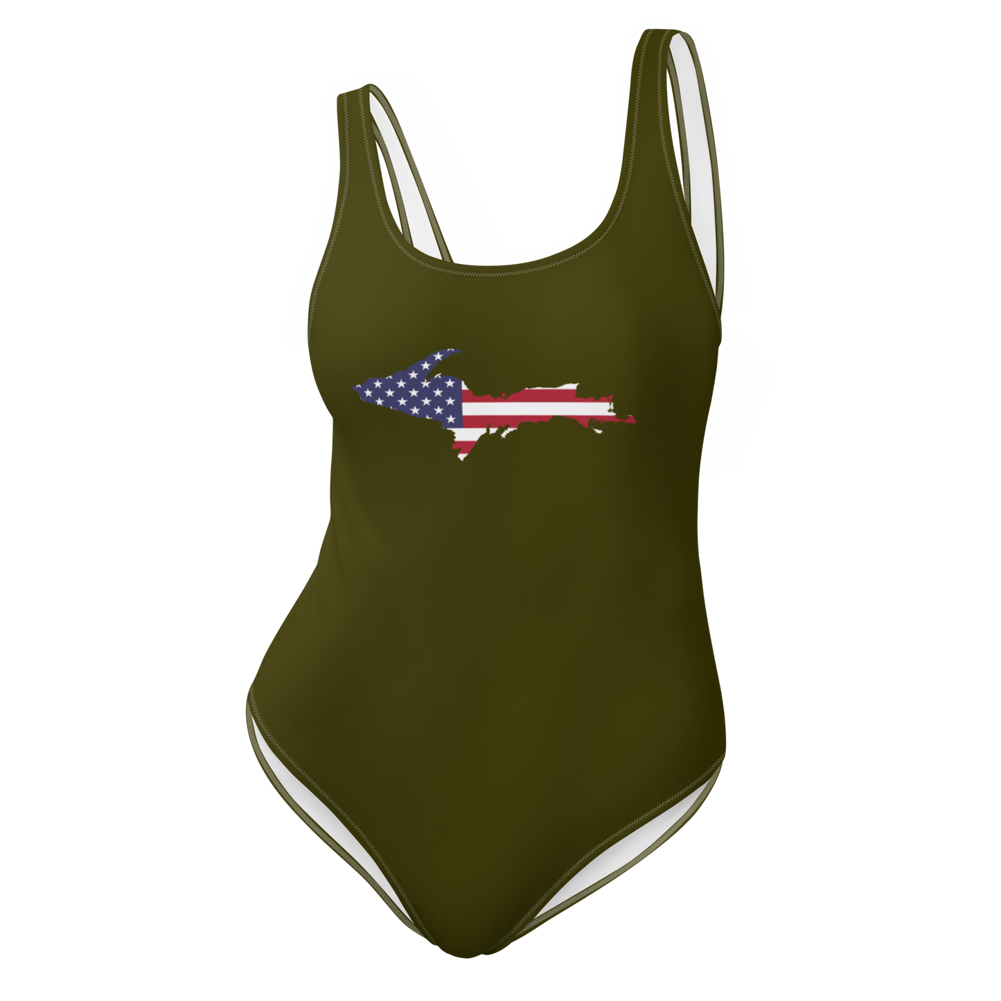 Michigan Upper Peninsula One-Piece Swimsuit (w/ UP USA Flag) | Military Green