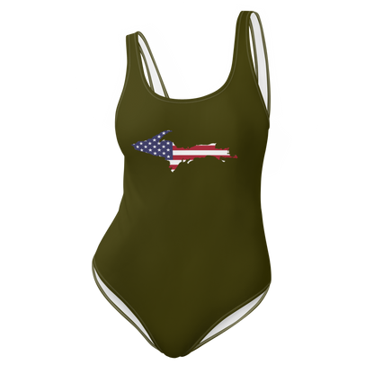 Michigan Upper Peninsula One-Piece Swimsuit (w/ UP USA Flag) | Military Green