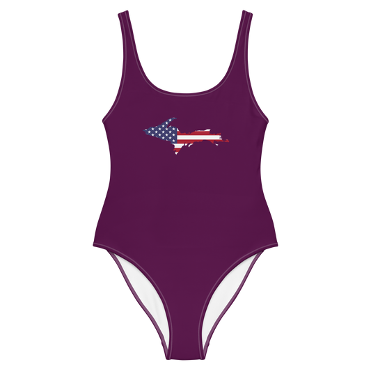 Michigan Upper Peninsula One-Piece Swimsuit (w/ UP USA Flag) | Tyrian Purple