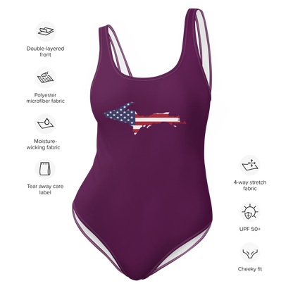 Michigan Upper Peninsula One-Piece Swimsuit (w/ UP USA Flag) | Tyrian Purple