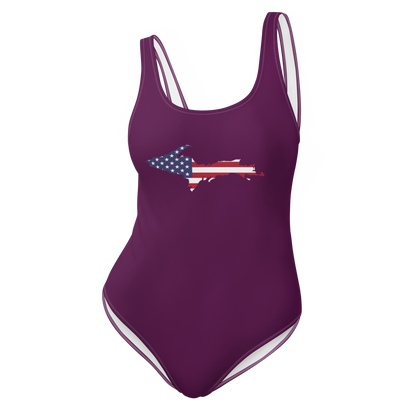 Michigan Upper Peninsula One-Piece Swimsuit (w/ UP USA Flag) | Tyrian Purple