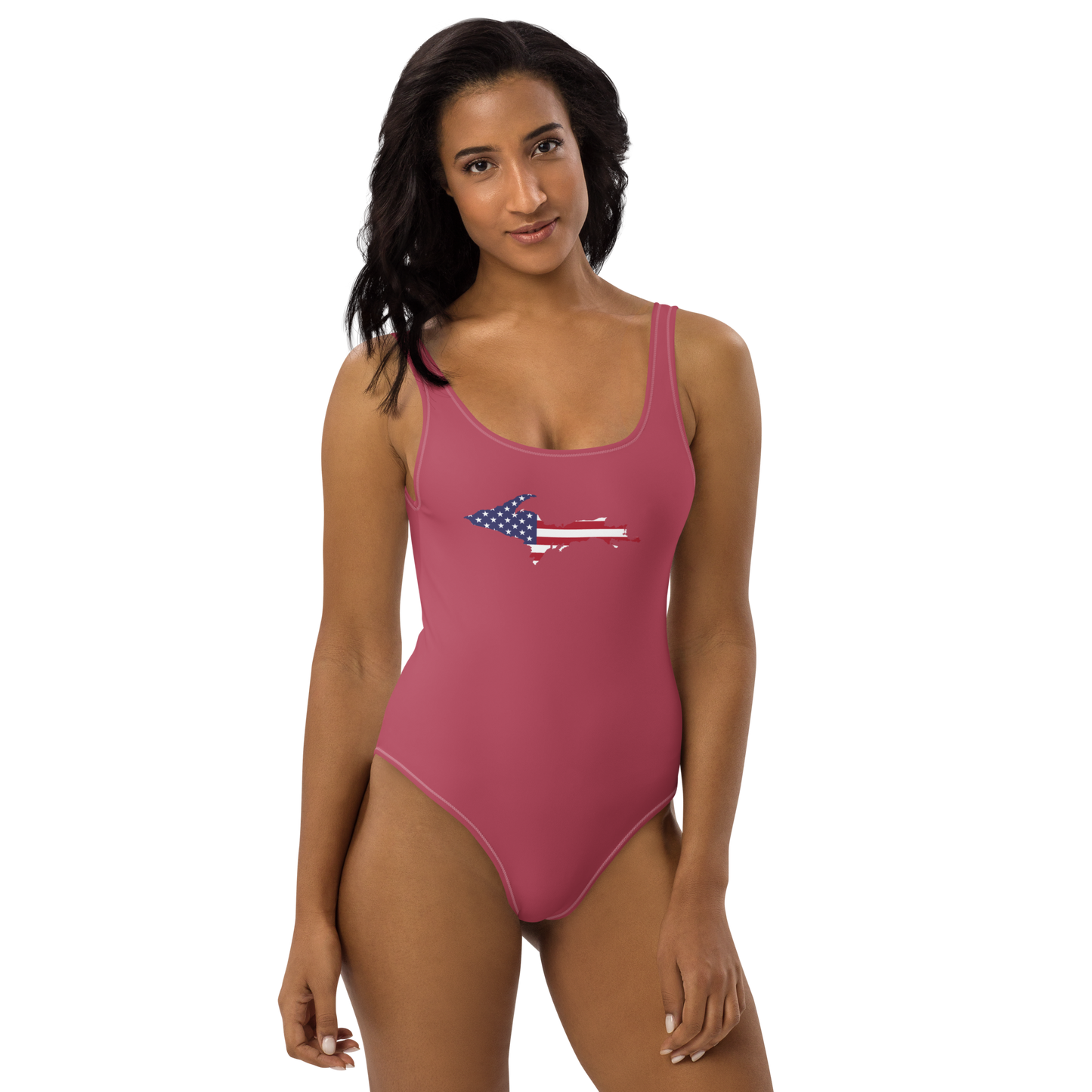 Michigan Upper Peninsula One-Piece Swimsuit (w/ UP USA Flag) | Popstar Pink