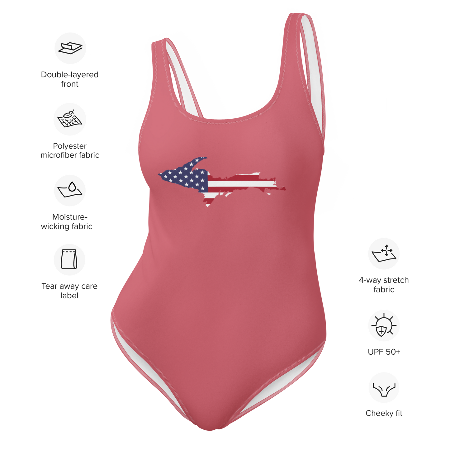 Michigan Upper Peninsula One-Piece Swimsuit (w/ UP USA Flag) | Watermelon Pink