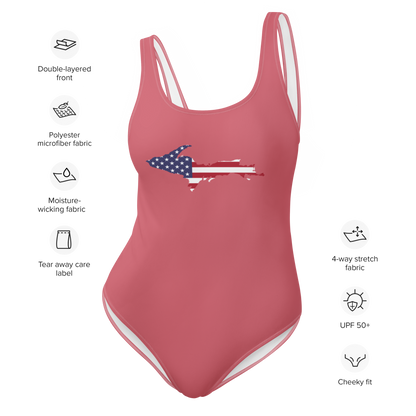 Michigan Upper Peninsula One-Piece Swimsuit (w/ UP USA Flag) | Watermelon Pink