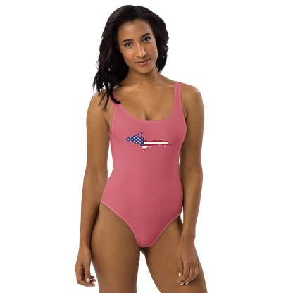 Michigan Upper Peninsula One-Piece Swimsuit (w/ UP USA Flag) | Watermelon Pink