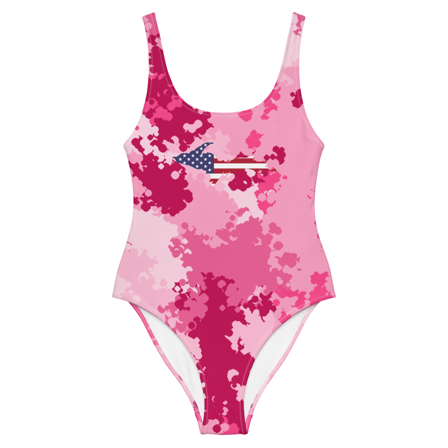 Michigan Upper Peninsula One-Piece Swimsuit (w/ UP USA Flag) | Pink Camo