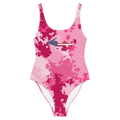 Michigan Upper Peninsula One-Piece Swimsuit (w/ UP USA Flag) | Pink Camo