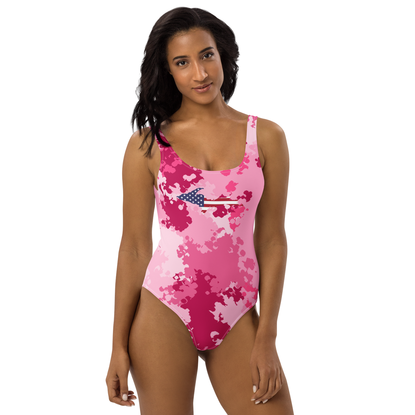 Michigan Upper Peninsula One-Piece Swimsuit (w/ UP USA Flag) | Pink Camo