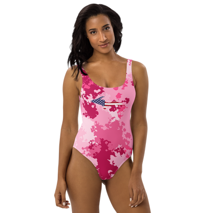 Michigan Upper Peninsula One-Piece Swimsuit (w/ UP USA Flag) | Pink Camo