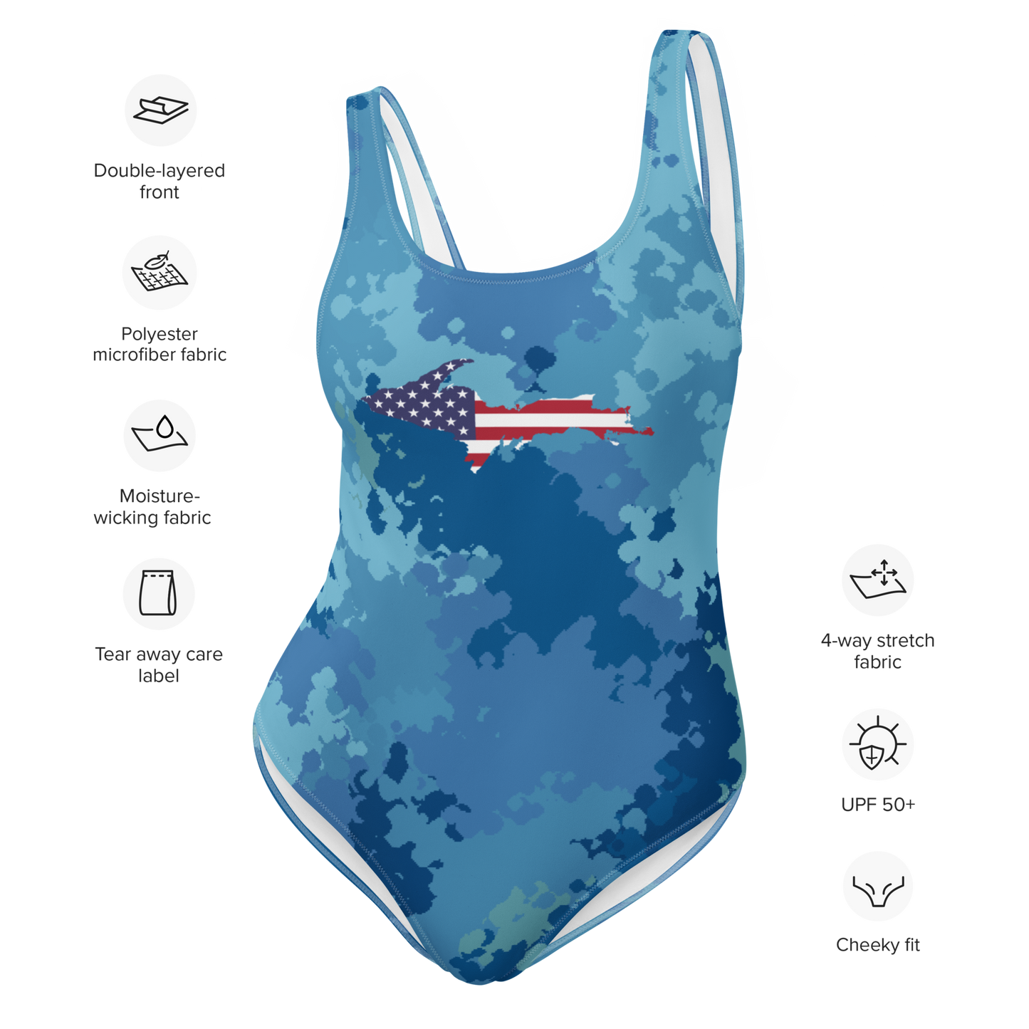 Michigan Upper Peninsula One-Piece Swimsuit (w/ UP USA Flag) | Great Lakes Camo