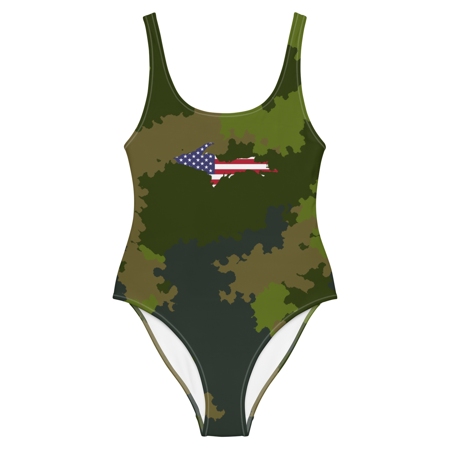 Michigan Upper Peninsula One-Piece Swimsuit (w/ UP USA Flag) | Woodland Camo