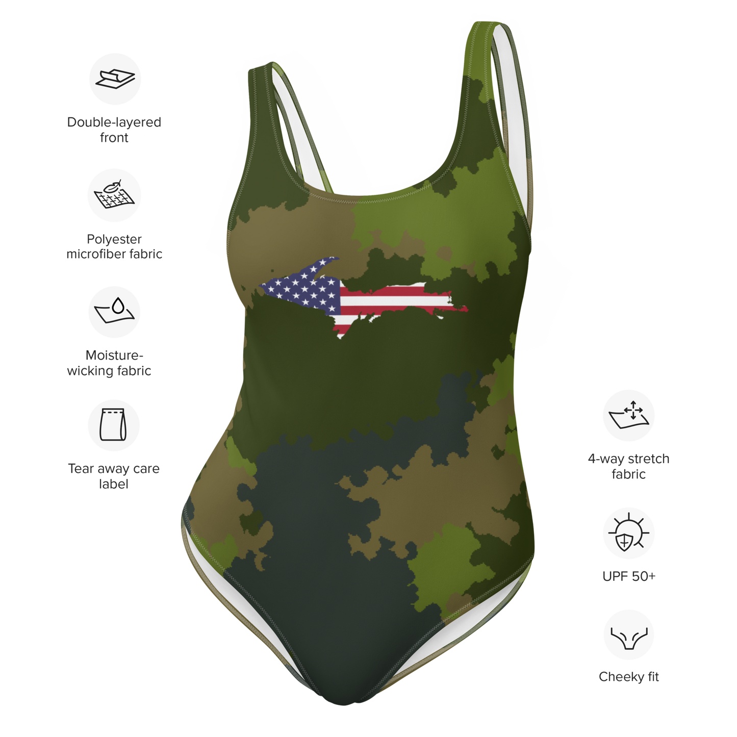 Michigan Upper Peninsula One-Piece Swimsuit (w/ UP USA Flag) | Woodland Camo