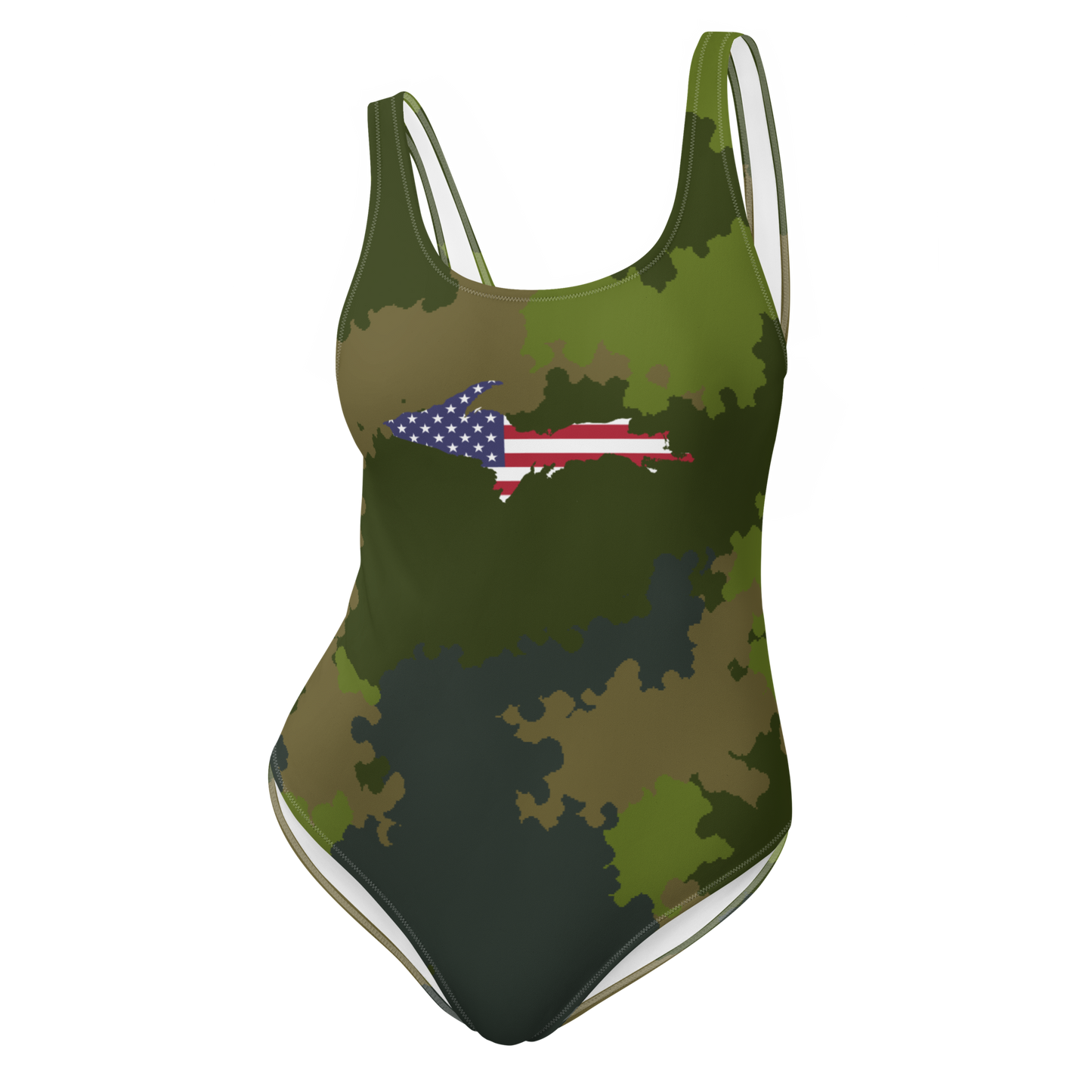 Michigan Upper Peninsula One-Piece Swimsuit (w/ UP USA Flag) | Woodland Camo