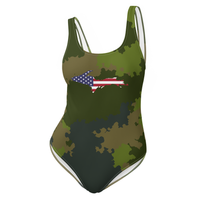 Michigan Upper Peninsula One-Piece Swimsuit (w/ UP USA Flag) | Woodland Camo