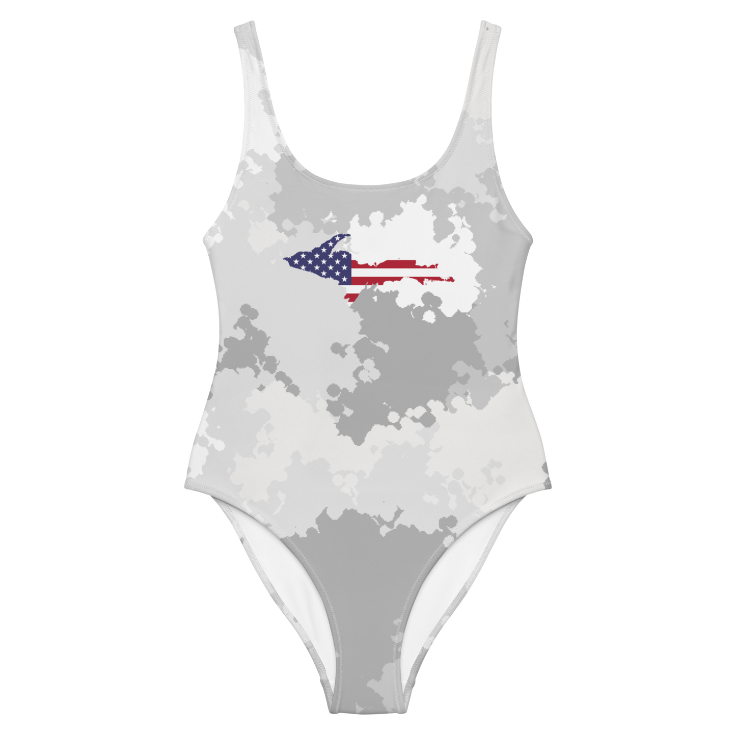 Michigan Upper Peninsula One-Piece Swimsuit (w/ UP USA Flag) | Snow Camo