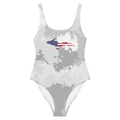 Michigan Upper Peninsula One-Piece Swimsuit (w/ UP USA Flag) | Snow Camo