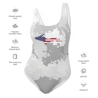 Michigan Upper Peninsula One-Piece Swimsuit (w/ UP USA Flag) | Snow Camo