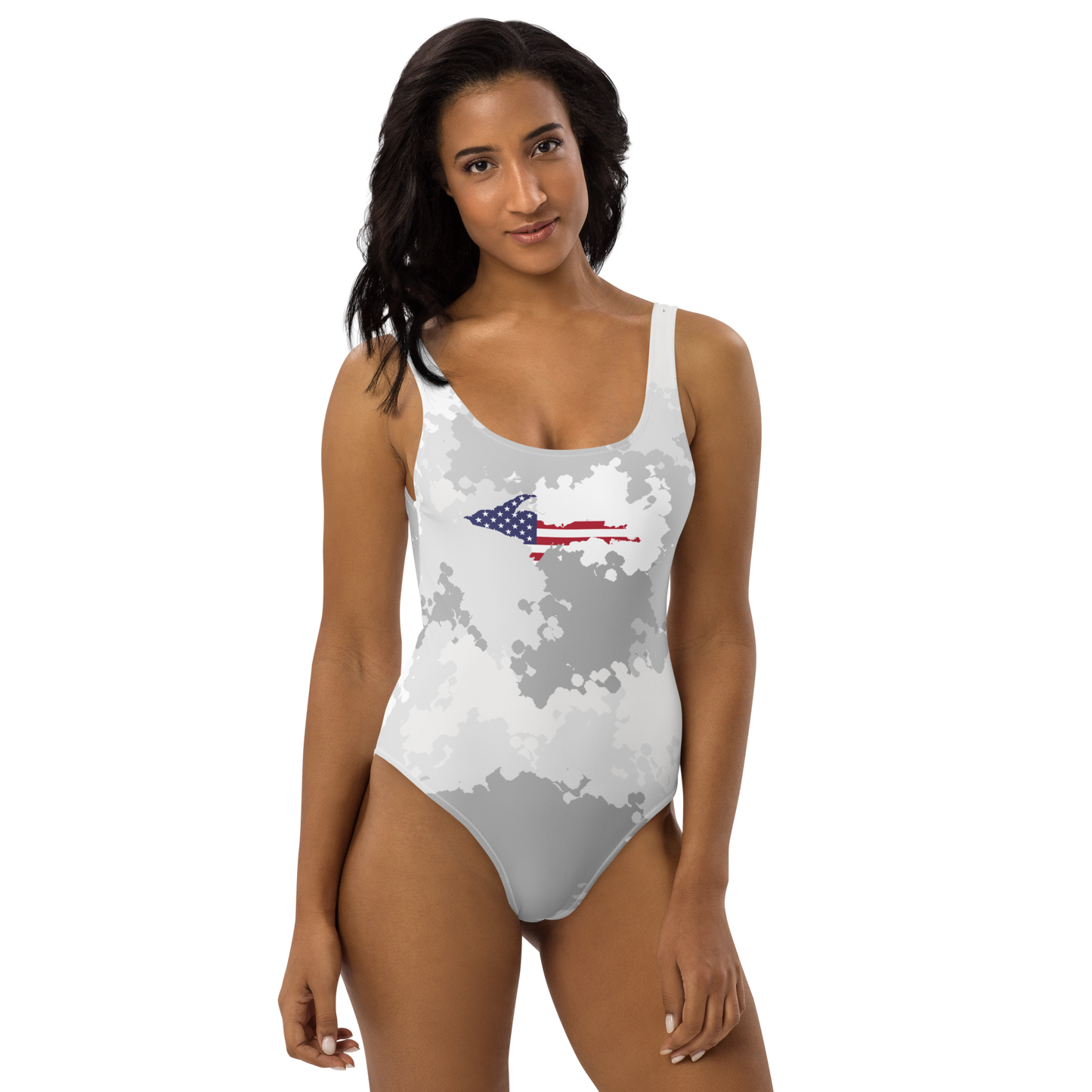 Michigan Upper Peninsula One-Piece Swimsuit (w/ UP USA Flag) | Snow Camo