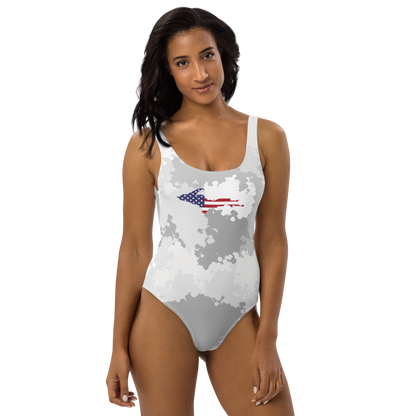 Michigan Upper Peninsula One-Piece Swimsuit (w/ UP USA Flag) | Snow Camo