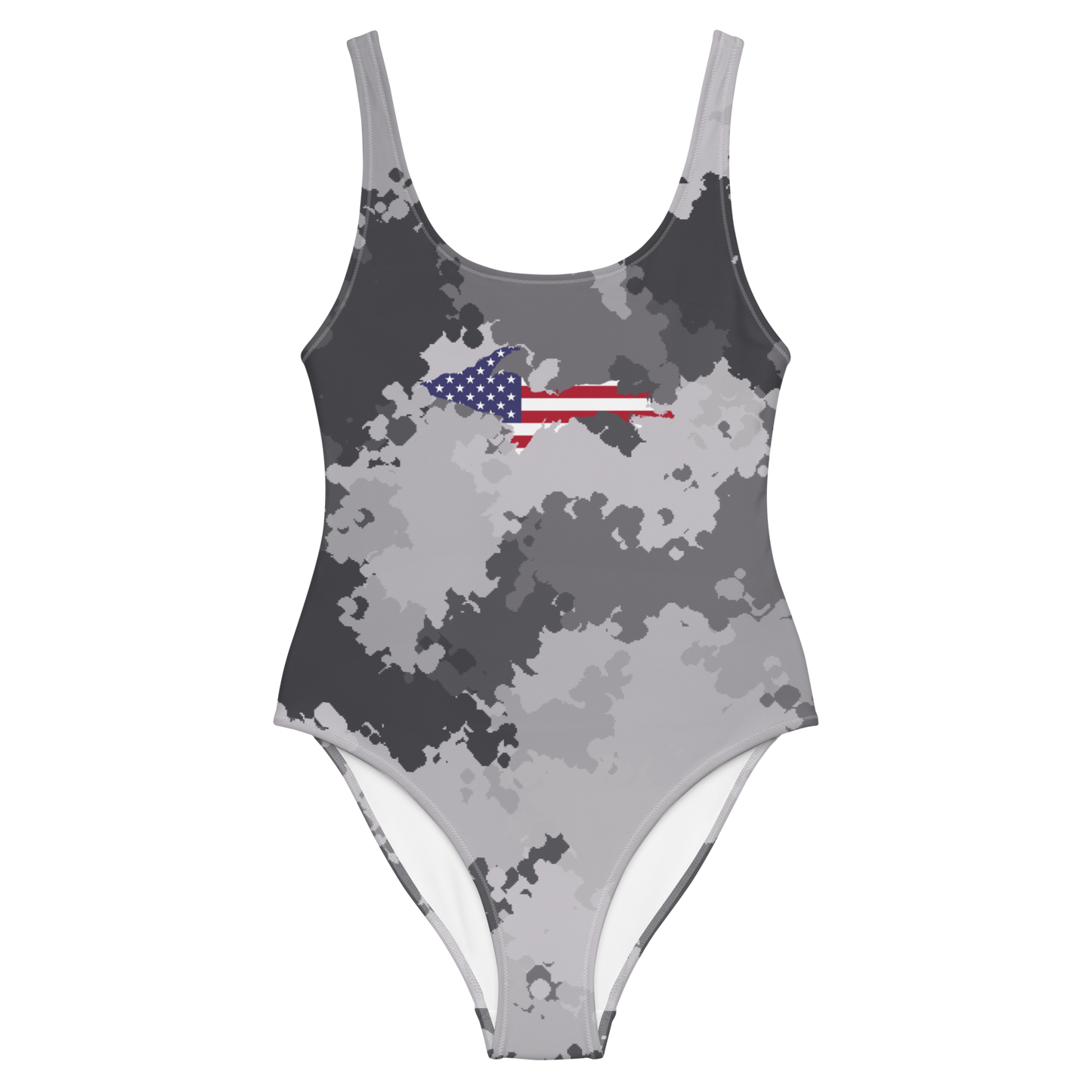 Michigan Upper Peninsula One-Piece Swimsuit (w/ UP USA Flag) | Iron Ore Camo