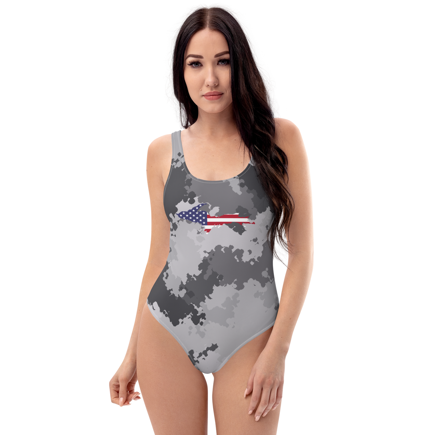 Michigan Upper Peninsula One-Piece Swimsuit (w/ UP USA Flag) | Iron Ore Camo