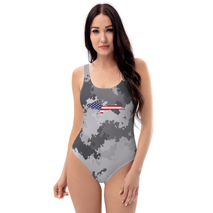 Michigan Upper Peninsula One-Piece Swimsuit (w/ UP USA Flag) | Iron Ore Camo