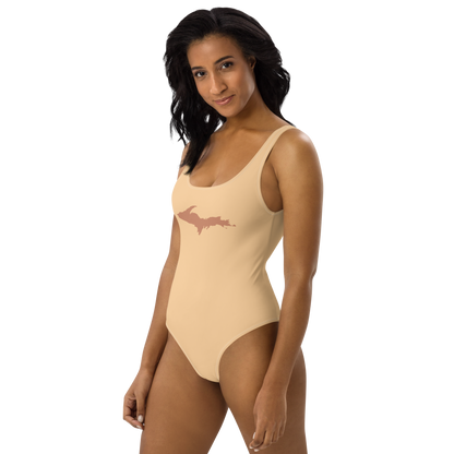 Michigan Upper Peninsula One-Piece Swimsuit (w/ Copper Outline) | Pale Apricot