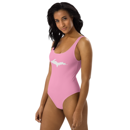 Michigan Upper Peninsula One-Piece Swimsuit (w/ UP Outline) | '67 Caddie Pink