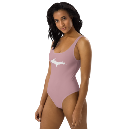 Michigan Upper Peninsula One-Piece Swimsuit (w/ UP Outline) | Cherry Blossom Pink