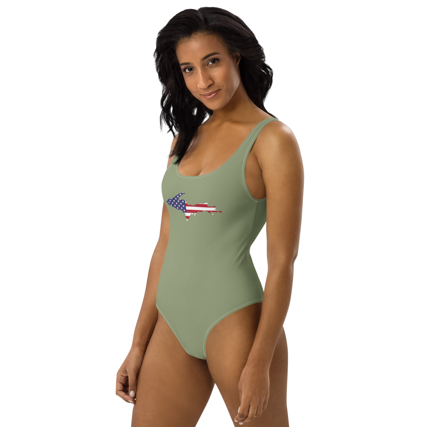 Michigan Upper Peninsula One-Piece Swimsuit (w/ UP USA Flag) | Beachgrass Green