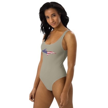 Michigan Upper Peninsula One-Piece Swimsuit (w/ UP USA Flag) | Petoskey Stone Beige