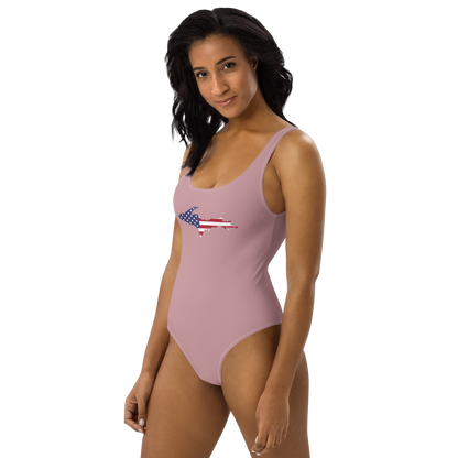 Michigan Upper Peninsula One-Piece Swimsuit (w/ UP USA Flag) | Cherry Blossom Pink