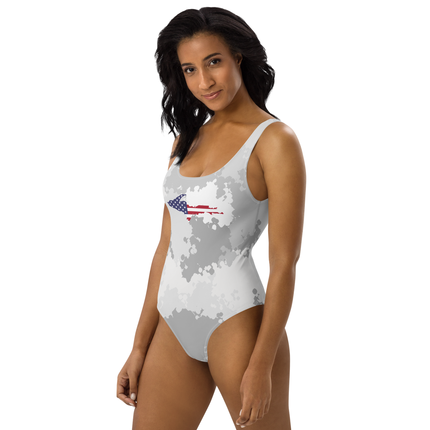 Michigan Upper Peninsula One-Piece Swimsuit (w/ UP USA Flag) | Snow Camo