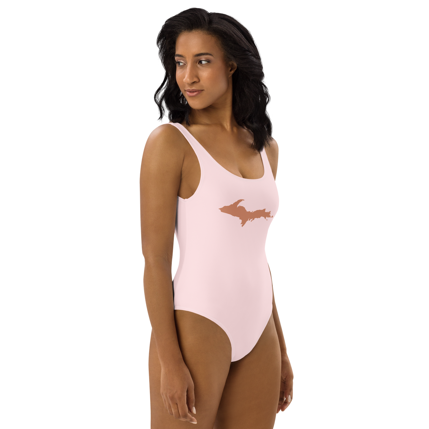 Michigan Upper Peninsula One-Piece Swimsuit (w/ Copper Outline) | Pale Pink